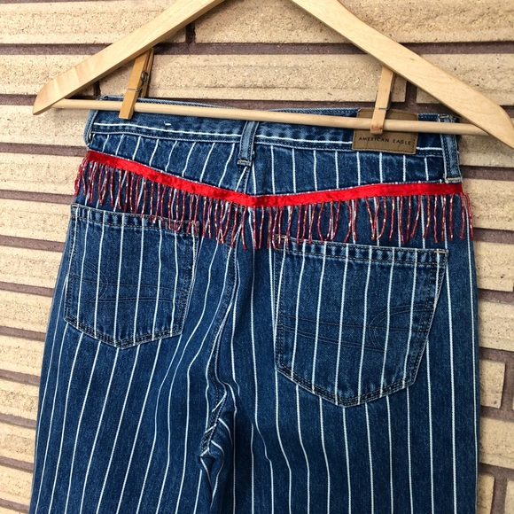 Denim Pin Stripe Jeans with Vintage Fringe - American Eagle Mom Jeans - Waist 26 - Picture 10 of 16